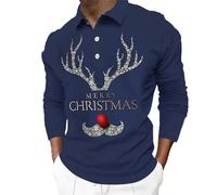 Polo para hombre, camiseta de manga corta, estampado de renos, con botones, cuello alto, polos para hombre, vacaciones, primavera, ropa de Navidad, camisetas de golf para mí, Azul-B, L
