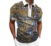 Polo para hombre con lentejuelas brillantes, camisa de carnaval con cremallera 1/4, camisa de festival impresa, camisa 3D moderna, polo de manga corta de los años 80, 90, hippie, ligero, O Gold, XXL