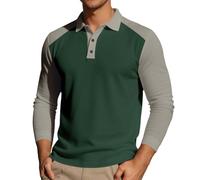 Polo para hombre, raglán, contraste, bloqueo de color, botones de solapa, camisetas de manga larga, corte regular, camiseta de entrenamiento para otoño e invierno, sudaderas ligeras, delgadas, verde