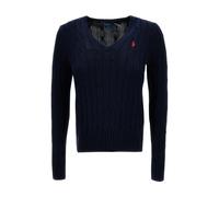 Polo Ralph Lauren- Suéter con cuello en V de punto trenzado- Knitwear- Mujer- Azul- M- Suéter con cuello en V de punto trenzado