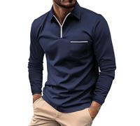 Polo Shirts für Herren Revers Langarm Kurzarm, Polohemd Einfarbig Regular Fit Polo Shirt mit Brusttasche, Golf Tennis Lässige Hemd Trachtenhemd Winter Reißverschluss Langarmshirt, marine, L