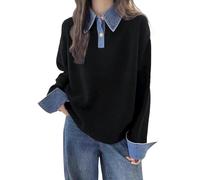 Polo Sweater Women Knit Lapel Denim Collar Top Ribbed Sweatshirt Cozy Trendy Long Sleeve Pullover 2 in 1 Sweaters