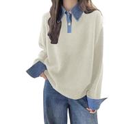 Polo Sweater Women Knit Lapel Denim Collar Top Ribbed Sweatshirt Cozy Trendy Long Sleeve Pullover 2 in 1 Sweaters