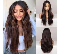 POLOSU Long Wavy Black Brown Mix Brown Wig for Women, 26'' Natural Curly Wigs Middle Part Synthetic Heat Resistant Hair Daily Halloween Party Cosplay
