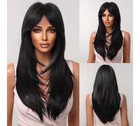 POLOSU Pelucas Negras largas y Rectas con Flequillo de Cortina para Mujer, Peluca en Capas de Pelo Natural Resistente al Calor para la Fiesta Diaria de Halloween Cosplay