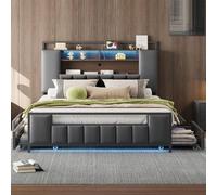 Polsterbett 140 x 200 cm, Multifunktionsbett mit LED-Licht, mit USB-Steckdose, mit Schubladen, ohne Matratze, Bettgestell aus massivem Eisen, Jugendbett, Erwachsenenbett, Doppelbett, Kunstleder, Grau