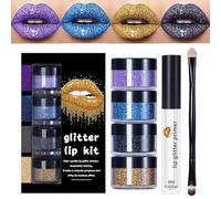 Polvo para labios con purpurina - Conjunto rojo brillante metálico diamante | Pigmento Cosmético Brillante Con Base Aplicadora De Brocha - Maquillaje Belleza Party Professional