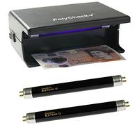 PolyCheck Comprobador de notas UV de 4 W con 2 bombillas de repuesto DuraBulb - Detecta billetes falsos de polímero y papel