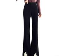 Polyester Straight Leg Pants Women Split Hem Design(Black XXL) | Solid color design, split hem detail, wide leg cut, polyester fabric, casual daily style