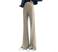 Polyester Straight Leg Pants Women Split Hem Design(Khaki L) | Solid color design, split hem detail, wide leg cut, polyester fabric, casual daily style