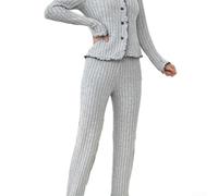 Polyester Women Pajama Set V-Neck Long Sleeve Pants(Gray L) | V-neck cardigan para top, long sleeve design, matching long pants, soft polyester fabric, regular fit style