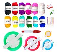 Pom Pom Maker, 4 Tamaños Fluff Ball Weaver Needle PomPom Maker Juegos Contiene 10 Marcadores de Punto de Tejer + 10 Agujas de Plástico + Hilo Acrílico de 12 Colores + 1 Tijera(39)