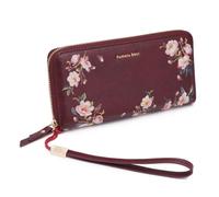 Pomelo Best Monedero para mujer grande en formato largo, diseño de flores, con cierre de cremallera, con bloqueo RFID y muchos compartimentos, color burdeos camelia