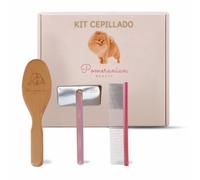 Pomeranian Beauty Kit Cepillado Perro Pomerania Cepillo Bambú Carda y Peine | Cepillo de bambú púas 20 mm + peine metálico 35 mm + carda 15,5x9 cm | Púas inoxidables suaves | Manto de doble capa