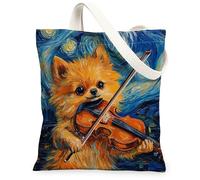 Pomeranian - Bolsa de lona para compras, 13 x 15 pulgadas, diseño de estrellas nocturnas, violín, reutilizable, para mujeres, mascotas, cachorros, trabajo, viajes, decoración de regalo