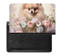 Pomeranian Puppy Basket Flowers Passport Wallet Cute Passport Case with Card Slot Travel Passport Holder Cover