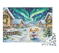 Pomeranian Rompecabezas de Papel Grueso Corgi en Pueblo navideño nevado con Aurora Boreal, Pack de Juego Familiar Decorativo 52x38cm/1000 Piezas