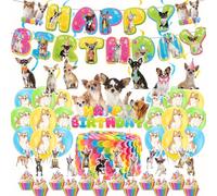 POMNUG Chihuahua Perro Decoraciones de Cumpleaños Lindo Chihuahua Decoraciones de Fiesta Incluye Chihuahua Happy Birthday Banner Colgante, Remolino Colgante, Decoración para Pastel, Topper, Globos