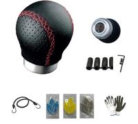 Pomo para palanca de cambios de coche de piel y abrazadera de aluminio + adaptadores de enganche universal para palancas estándar y de jeringa, costura roja compatible con Seat Leon 1.4 TGI ST S/S