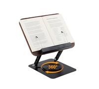 Pomodee Atril Giratorio 360° para Libros, Soporte de Lectura Ajustable y Plegable con Clips Protectores - Soporte de Libro de Madera, para Libros de Cocina, Partituras y Tablet (Negro)