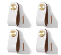 Pomos de Cuero para Muebles 4 Piezas Pomos y Tiradores de Piel Tiradores de Cuero Puertas de Armarios con Tornillos Mango Cuero de Un Solo Orificio para Cajon Dormitorio Cocina (Crema Blanco)