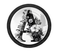 Pomos de puerta de armario con letra A, diseño floral, paquete de 4 manijas redondas de 35 mm para armario, cajón, armario, muebles