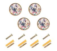 Pomos decorativos redondos personalizables con diseño de gato bohemio y flores de 1.26 pulgadas (32 mm) para cómoda, paquete de 4