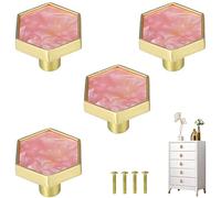 Pomos hexagonales para gabinete, tiradores dorados para gabinete, manijas creativas de tocador, pomos para cajones de muebles, solo orificio para cocina, armarios, 4 piezas (rosa)