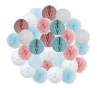 Pompón de papel 30 piezas de decoración navideña for festivales, farolillos papel azul y blanco 15, 20, 25 cm, for fiestas cumpleaños, pompones colgantes(Pink Light Blue,L-12inch(30cm))