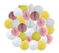 Pompón de papel 30 piezas de decoración navideña for festivales, farolillos papel azul y blanco 15, 20, 25 cm, for fiestas cumpleaños, como pompones colgantes(Pink Yellow,10inch 25cm)