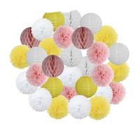 Pompón de papel 30 piezas de decoración navideña for festivales, farolillos papel azul y blanco 15, 20, 25 cm, for fiestas cumpleaños, pompones colgantes(Pink Yellow Set,S-8inch(20cm))