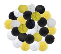 Pompón de papel 30 piezas de decoración navideña for festivales, farolillos papel azul y blanco 15, 20, 25 cm, for fiestas cumpleaños, pompones colgantes(Black Yellow Set,S-8inch(20cm))