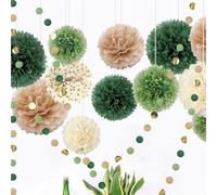 Pompones de papel seda | Fondo colgante for fiesta de compromiso de boda, 15 Uds., color verde oscuro y Beige