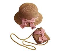 Pomurom paja playa para niños - paja verano para niños, conjunto protección solar transpirable y cartera para niños pequeños y niñas con lazo para viajes,