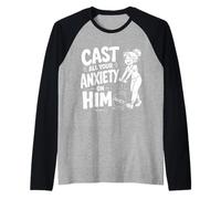 Pon Toda tu ansiedad en él 1 Pedro 5:7 Escritura bíblica Camiseta Manga Raglan