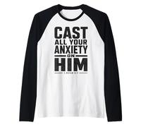 Pon Toda tu ansiedad en él 1 Pedro 5:7 Escritura bíblica Camiseta Manga Raglan
