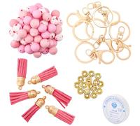 PONABEADIY 1 caja 122PCS Kit de cuentas de silicona con hilo de cristal elástico Rondela redonda de caucho rosa Rondelas de latón con pedrería Talismán de garra de langosta Broche suelta de cuentas pa