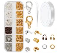 PONABEADIY 1 caja 1400PCS Cubiertas de cuentas de crimpado Kit con 304 pinzas de acero inoxidable Cordón elástico Tubo de plata dorado Redondo de envuelto Separador suelto Cuentas a granel para fabric