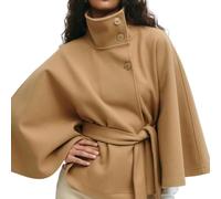 Poncho Con Mangas De Murciélago For Mujer - Cuello Alto De Lana, Corto Con Cinturón - Chaquetas Tipo Capa - Elegante Capa De Un Solo Botón(Khaki,L)