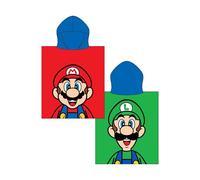 Poncho de toalla con capucha oficial de Nintendo Super Mario | Tacto súper suave, diseño doble con Luigi | Bata de natación perfecta para el hogar, baño y playa, 57,5 x 50 cm
