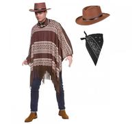 Poncho de vaquero occidental + sombrero de pistolero + bandana negra: disfraz de hombre salvaje oeste Drifter Gunman