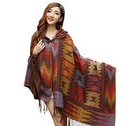 Poncho Etnico Mujer Bohemio Hippie Chic Cardigan Cachemir Chal de Punto Fular Lana Manta con Mangas y Capucha Retro Capa Cuadros Escoceses Pashmina Bufanda Larga Mantón Invierno Shawl Wrap PFMZFBR