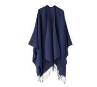 Poncho Mujer Chal de imitación de cachemira de color puro con flecos grandes, capa monocromática cálida y lisa(Blue)