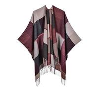 Poncho para mujer, estilo vintage, capa de capa, manta, chal cálido, abrigo a cuadros estampado en la parte delantera abierta, de punto, clásico, estampado, capa suave, poncho, bufanda, capa, Vino