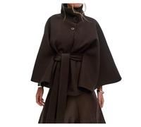 Poncho Tipo Capa Con Mangas De Murciélago For Mujer, Gabardina Corta, Abrigo De Otoño Con Cuello Alto Y Cinturón(Brown,M)