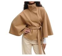 Poncho Tipo Capa Con Mangas De Murciélago For Mujer, Gabardina Corta, Abrigo De Otoño Con Cuello Alto Y Cinturón(Khaki,2XL)