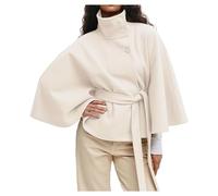 Poncho Tipo Capa Con Mangas De Murciélago For Mujer, Gabardina Corta, Abrigo De Otoño Con Cuello Alto Y Cinturón(Beige,3XL)