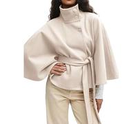 Ponchos Con Cuello Alto Y Mangas Murciélago For Mujer, Abrigos De Lana Con Cinturón, Chaquetas Tipo Capa, Moda De Otoño E Invierno, Capa De Color Liso(White,M)