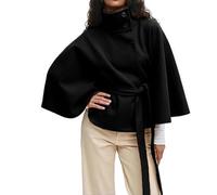 Ponchos Con Cuello Alto Y Mangas Murciélago For Mujer, Abrigos De Lana Con Cinturón, Chaquetas Tipo Capa, Moda De Otoño E Invierno, Capa De Color Liso(Black,3XL)