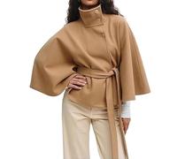 Ponchos Con Cuello Alto Y Mangas Murciélago For Mujer, Abrigos De Lana Con Cinturón, Chaquetas Tipo Capa, Moda De Otoño E Invierno, Capa De Color Liso(Kaki,S)